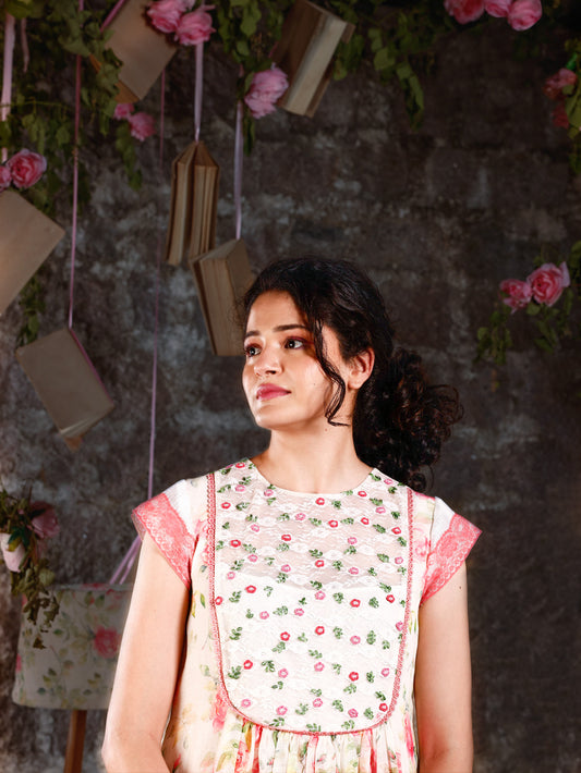 Spring Rose Embroidered Linen Crochet Dress