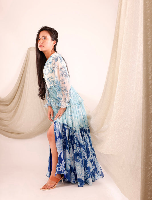 Shades Of Sea Pearl Embroidery Chiffon Dress