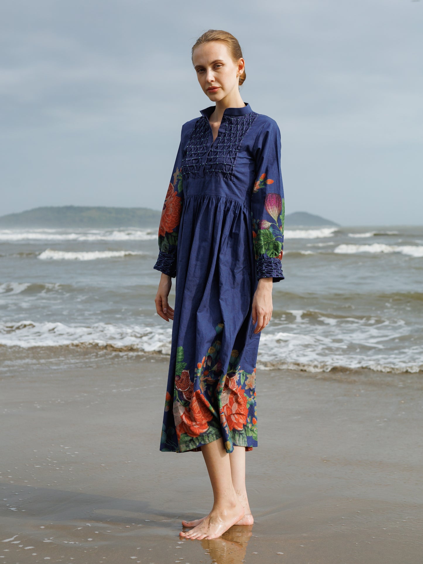 Blue & Green Poppy Bloom All Over Print Dress