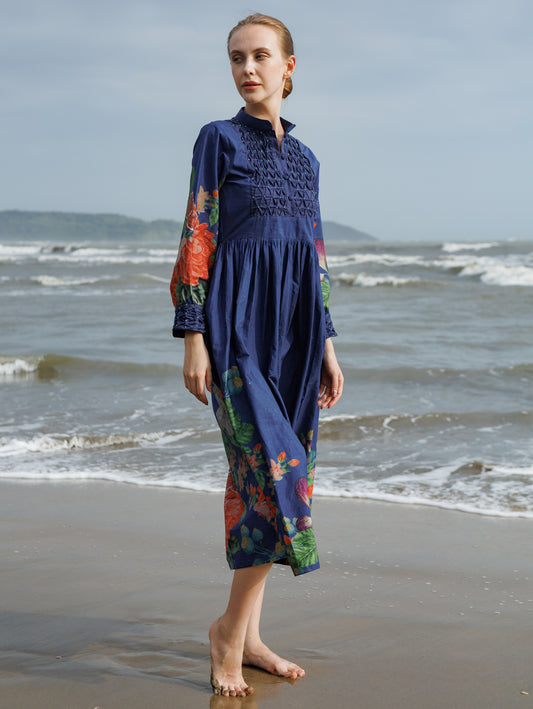 Blue & Green Poppy Bloom All Over Print Dress