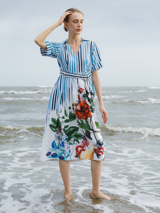 Blue Stripes and Floral Print Dress