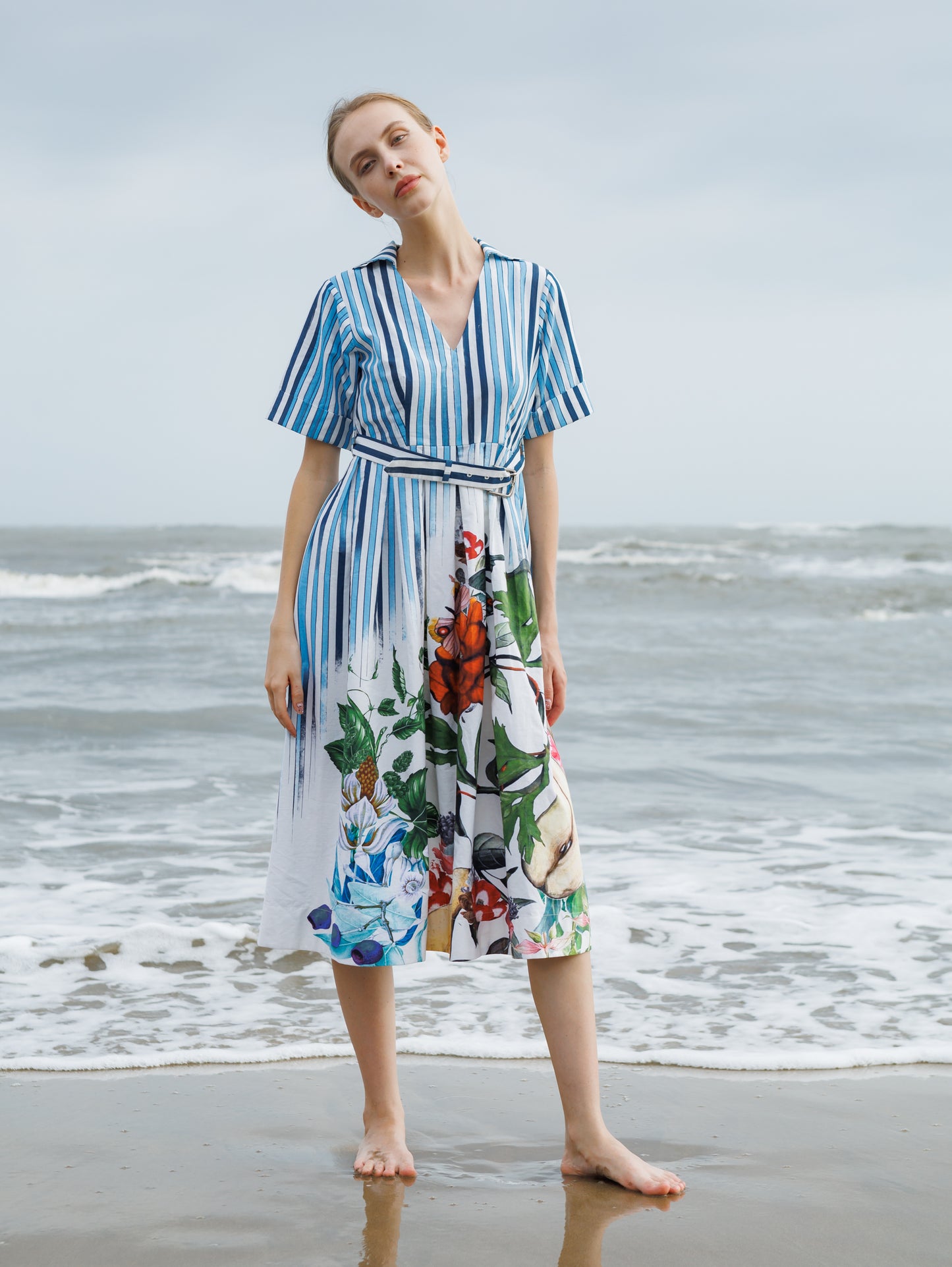 Blue Stripes and Floral Print Dress