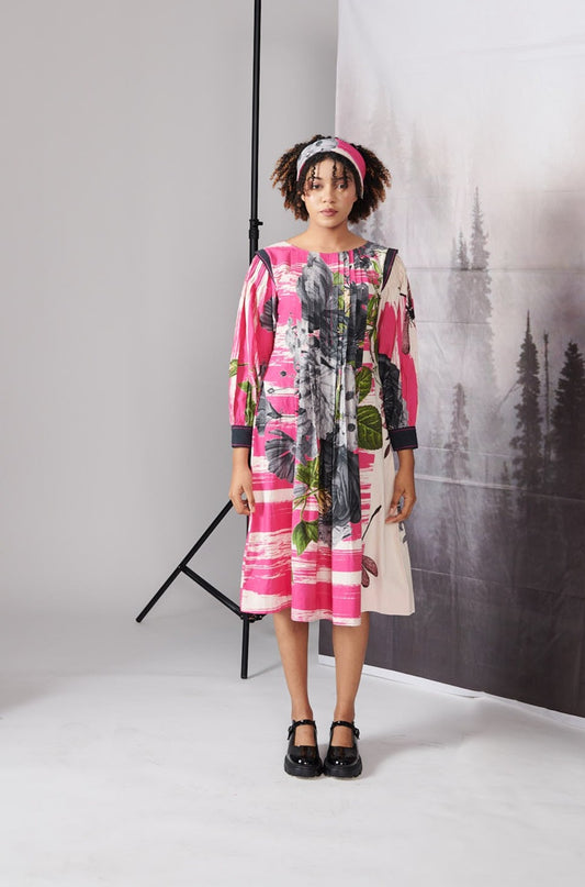 Pink Scratch Print Full Sleeve Dress