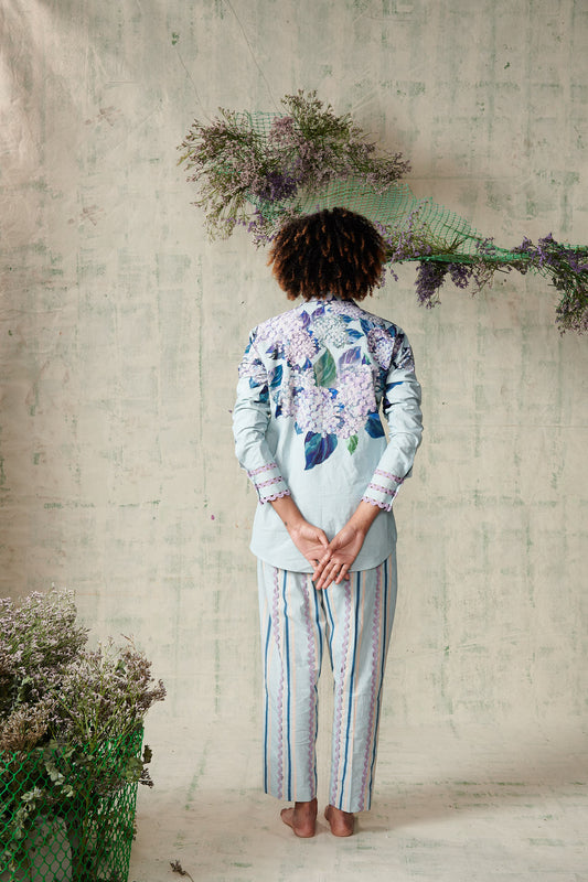 Sky Blue Hydrangea Co-ord Set (Floral Top and Striped Pants)