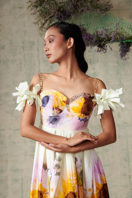 Sunflower Placement Off Shoulder Dress