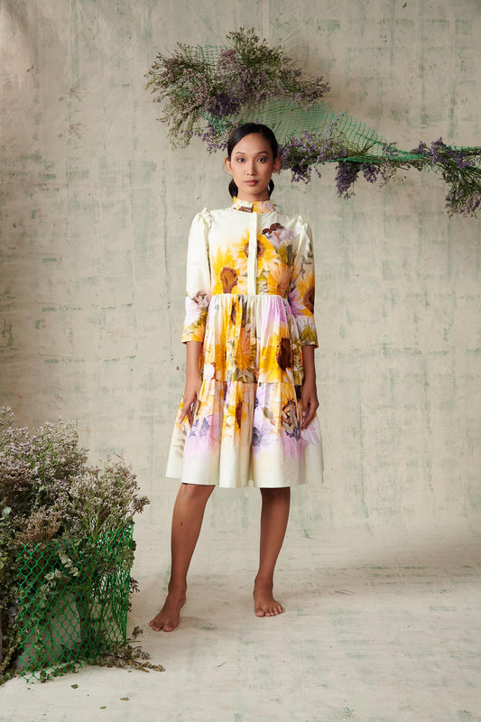 Sunflower Placement Collar 3/4 Sleeve Dress