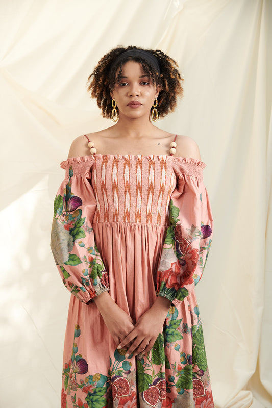 Peach Poppy Bloom Shirring Dress