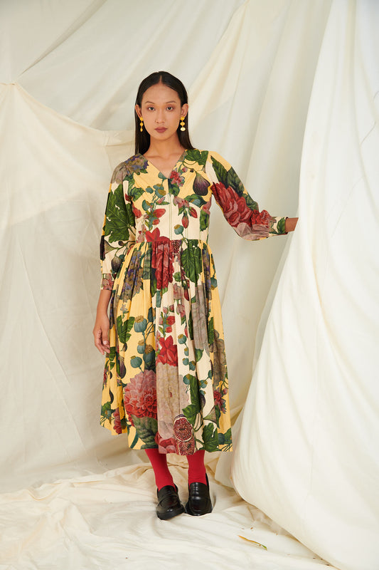 Yellow & Off White Poppy Bloom Corset Dress