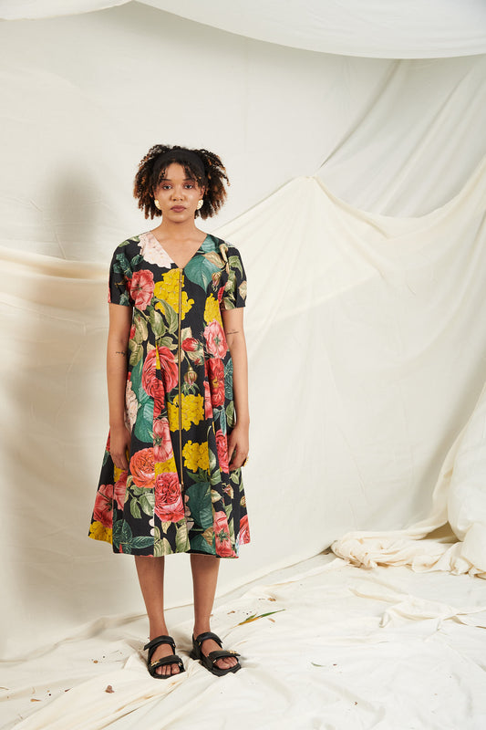 Black Big Rose Zipper Dress