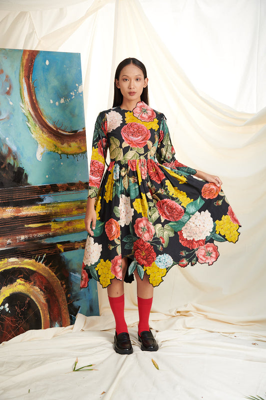 Black Big Rose Sleeved Dress