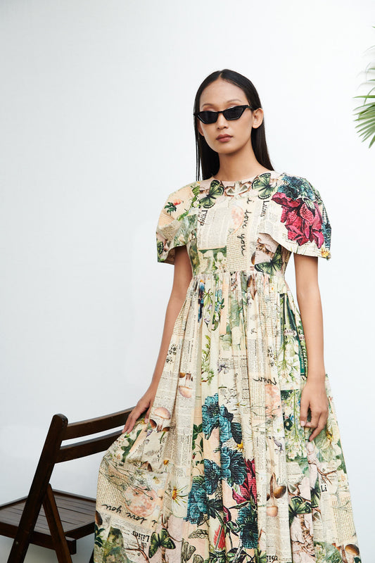 Newspaper Print Puffered Sleeve Dress