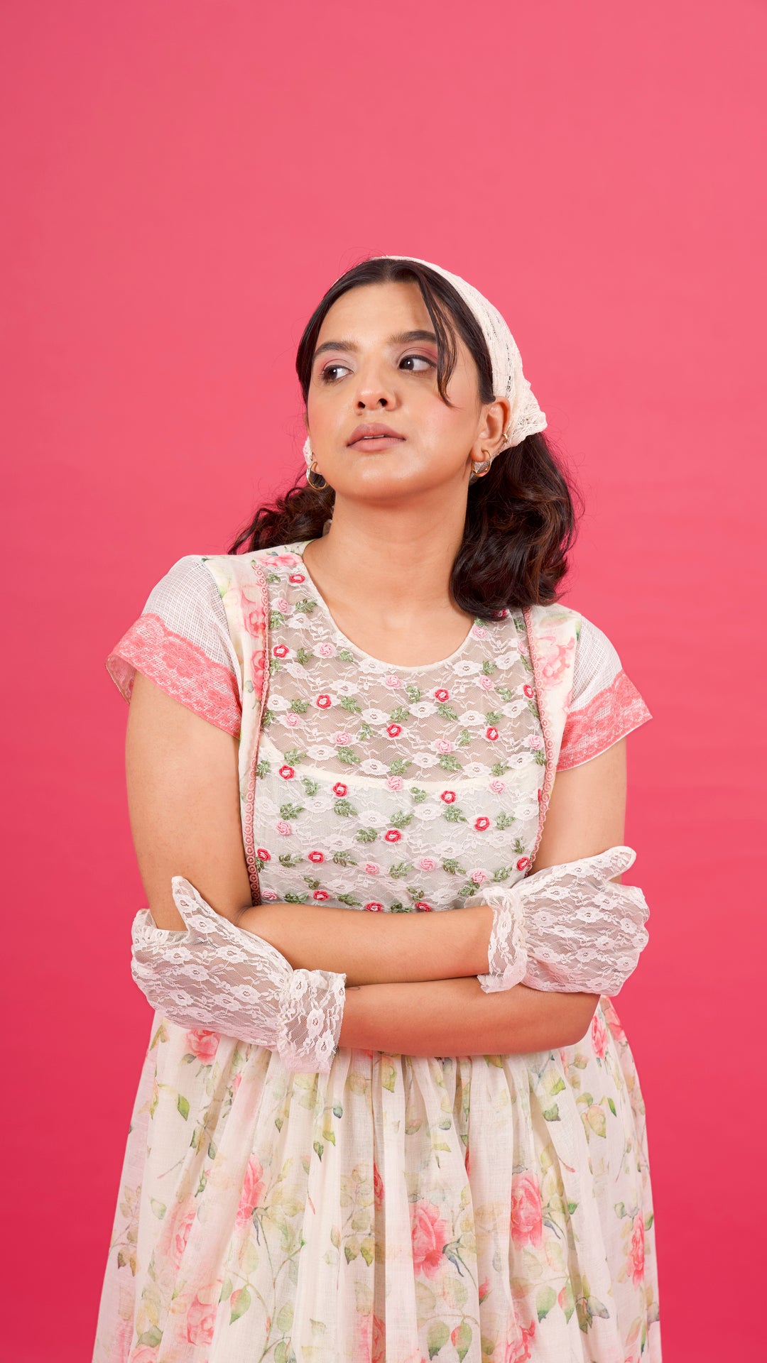 Spring Rose Embroidered Linen Crochet Dress