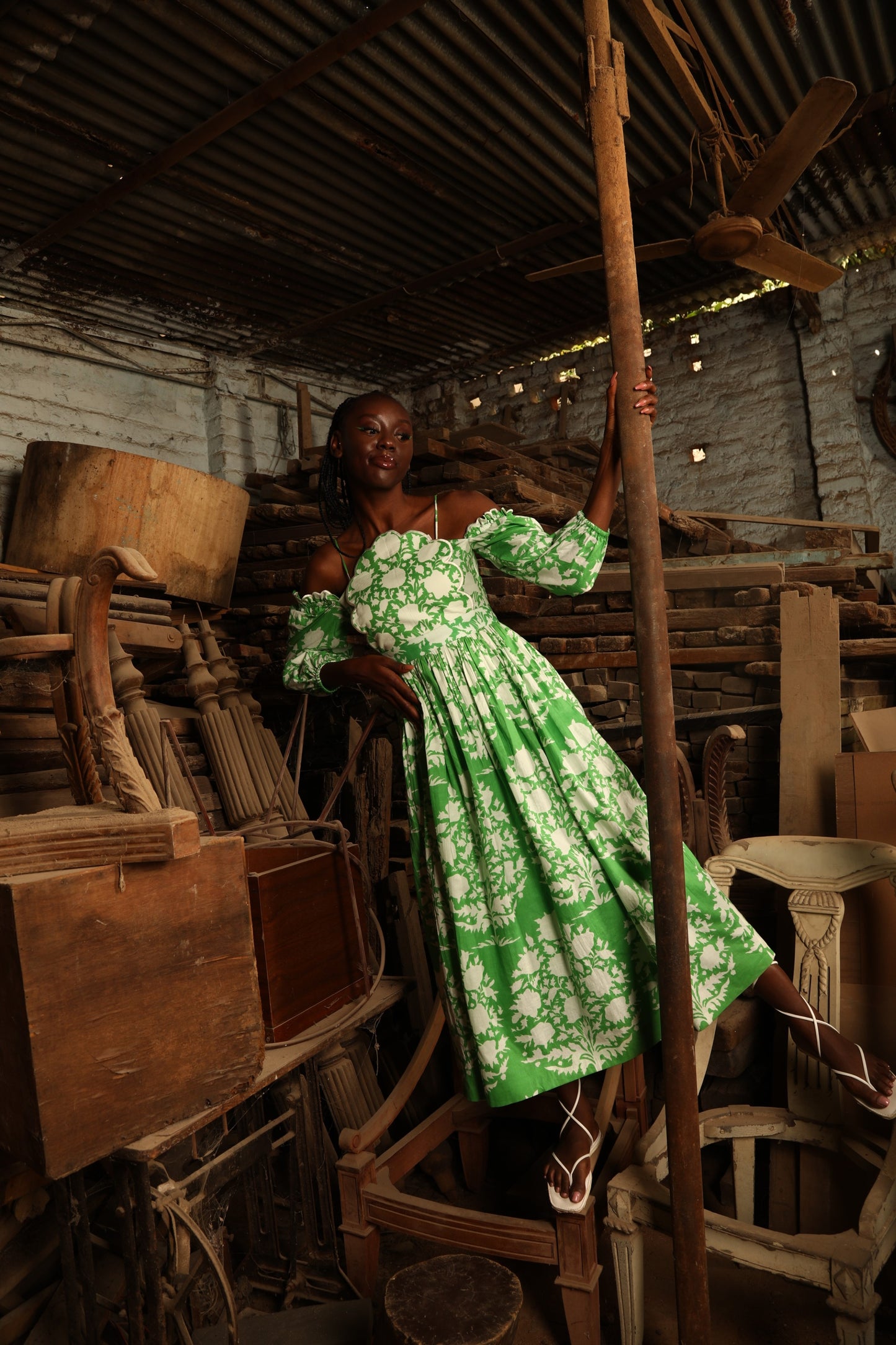 Green Cloud Off Shoulder Tarash Dress