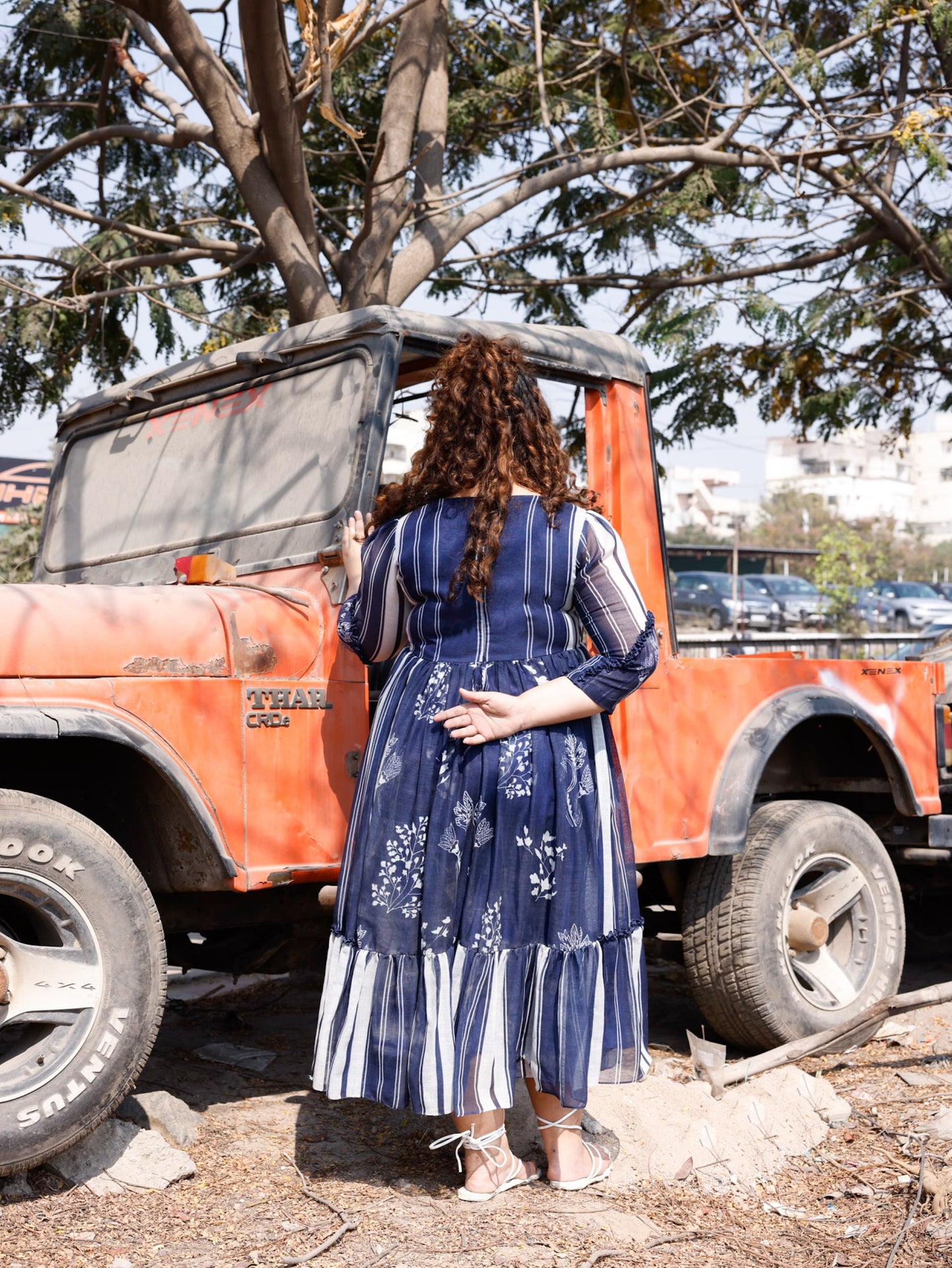 Egyptian Blue Linen Stripes Dry Flower Dress