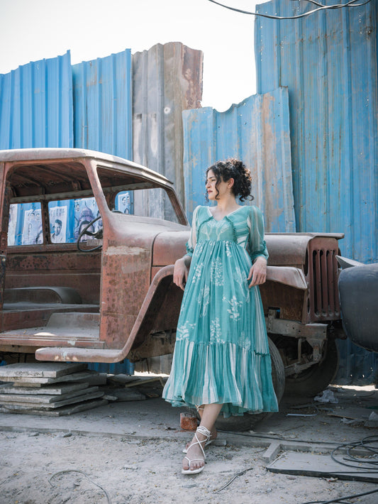 Persian Green Linen Stripes Dry Flower Dress