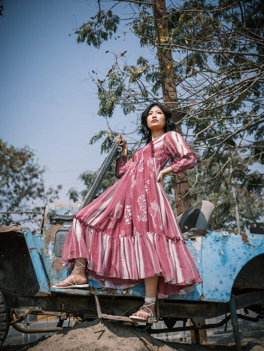 Mauve Linen Stripes Dry Flower Dress