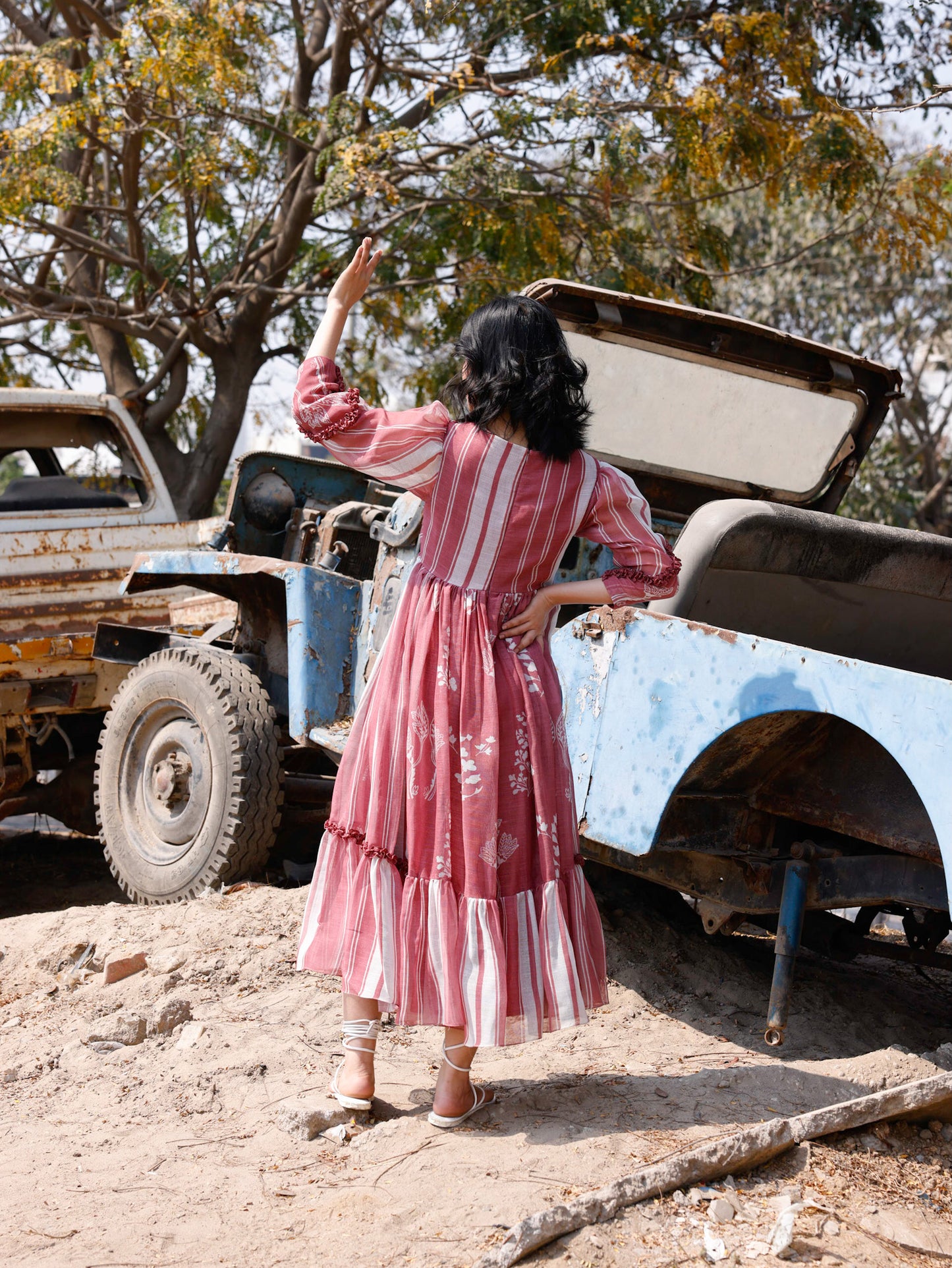 Mauve Linen Stripes Dry Flower Dress