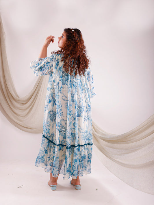 Ocean Pearl Embroidery Blue Chiffon Dress