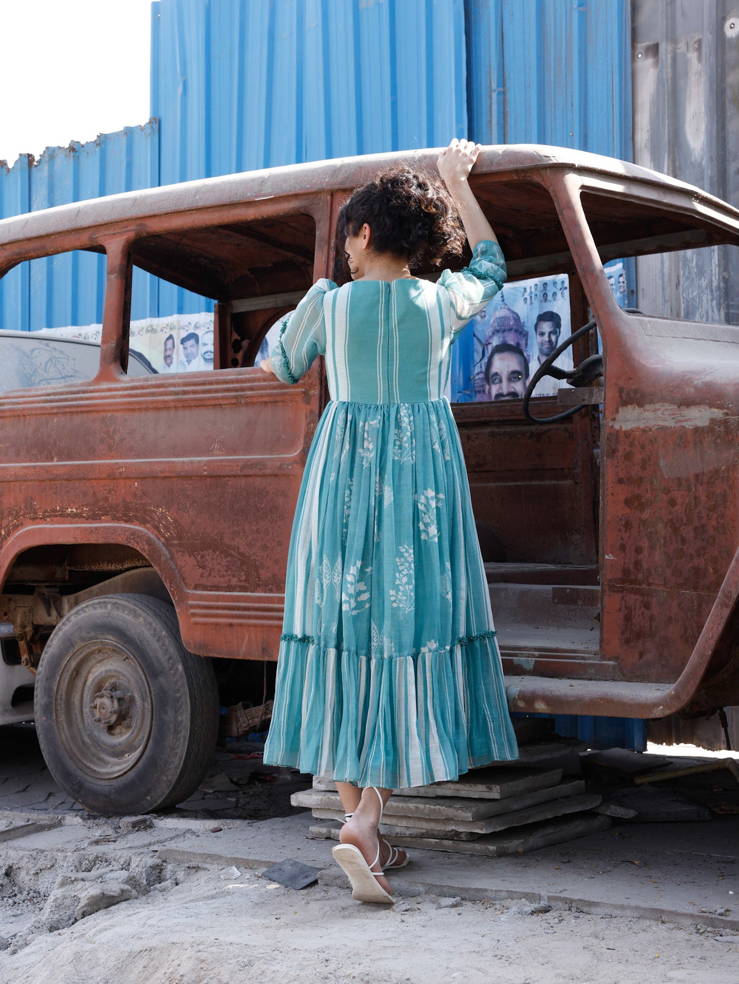 Persian Green Linen Stripes Dry Flower Dress