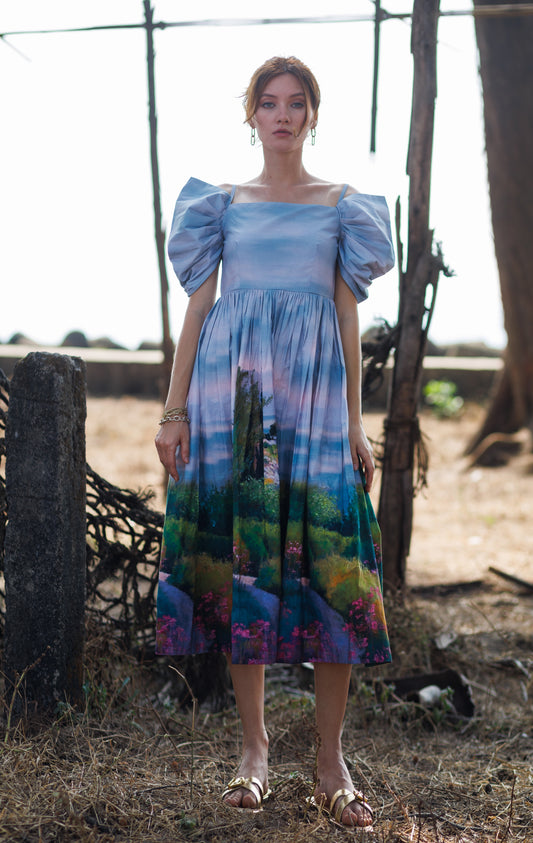 Scenary Dress With Puff Sleeve (Valley Print)