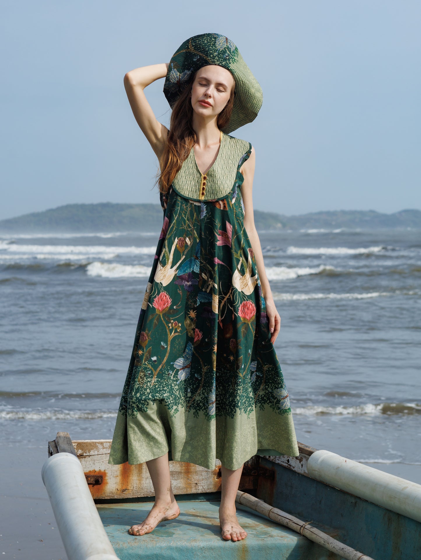 Green Forest Crump Quilted Midi Dress