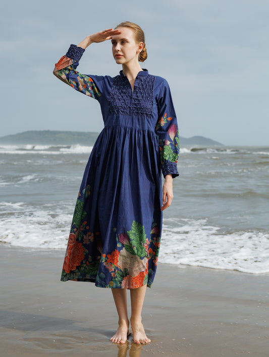 Blue & Green Poppy Bloom All Over Print Dress