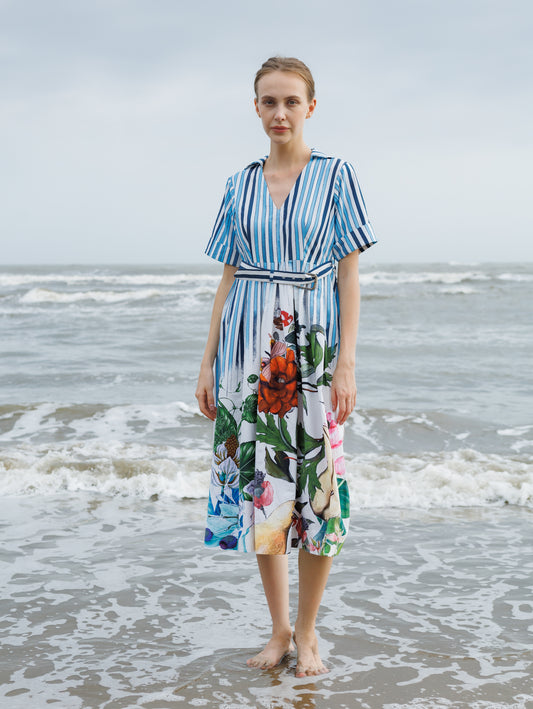 Blue Stripes and Floral Print Dress