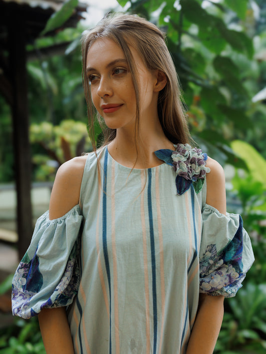 Sky Blue Striped Hydrangea Cold Shoulder Puff Sleeve Dress