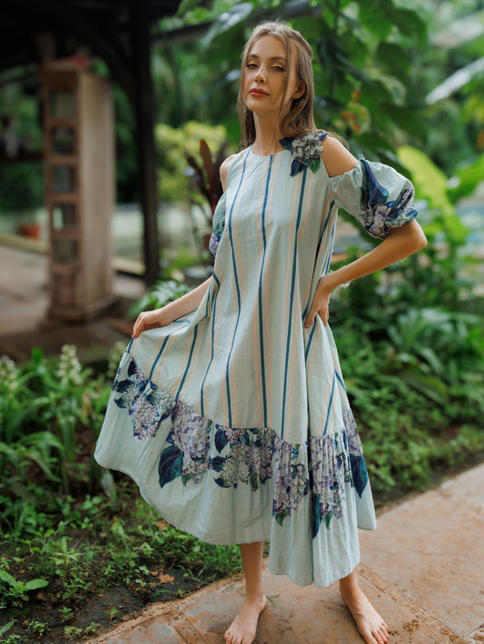 Sky Blue Striped Hydrangea Cold Shoulder Puff Sleeve Dress