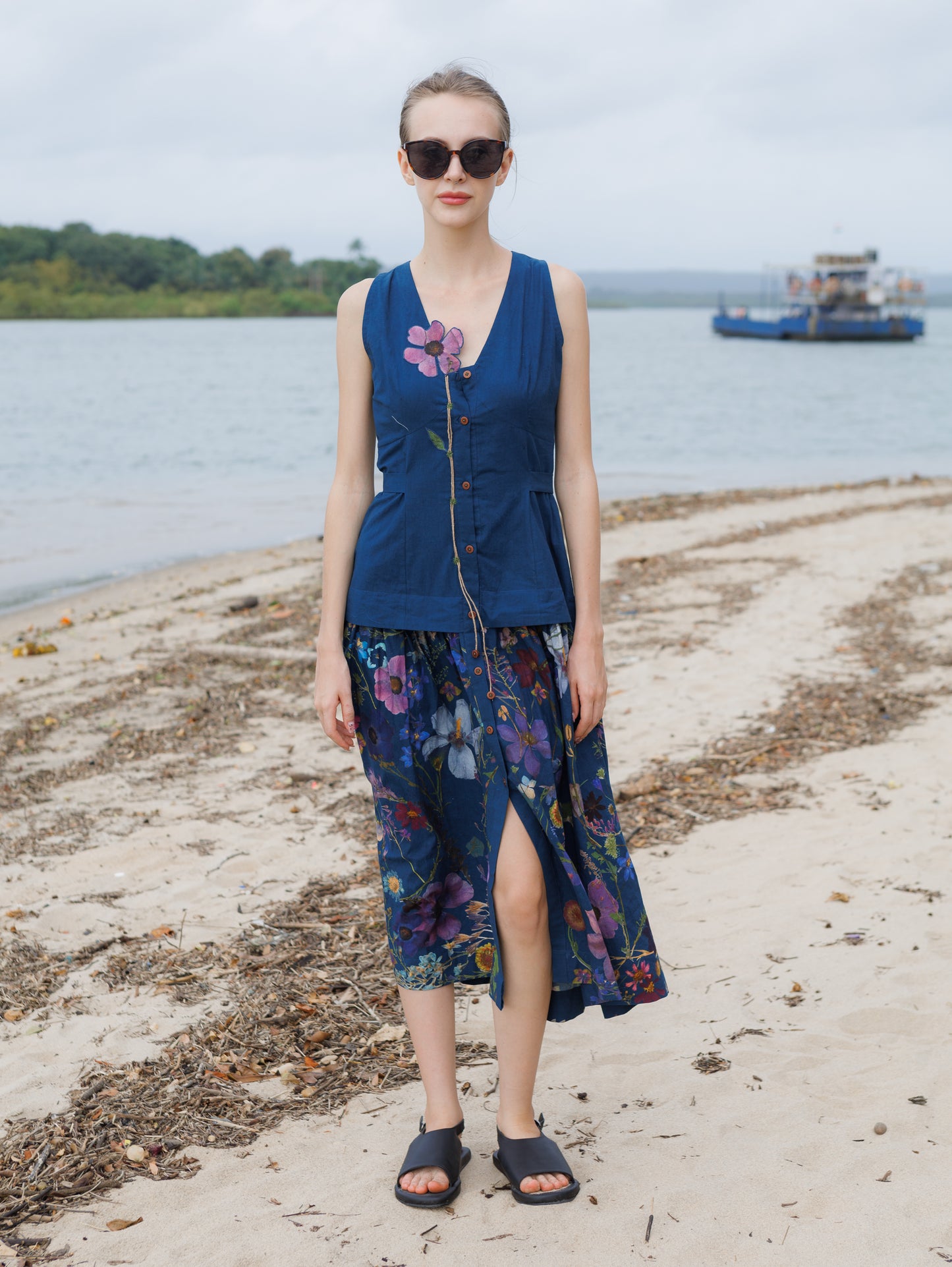 Azure Flower Patch  Midi Dress