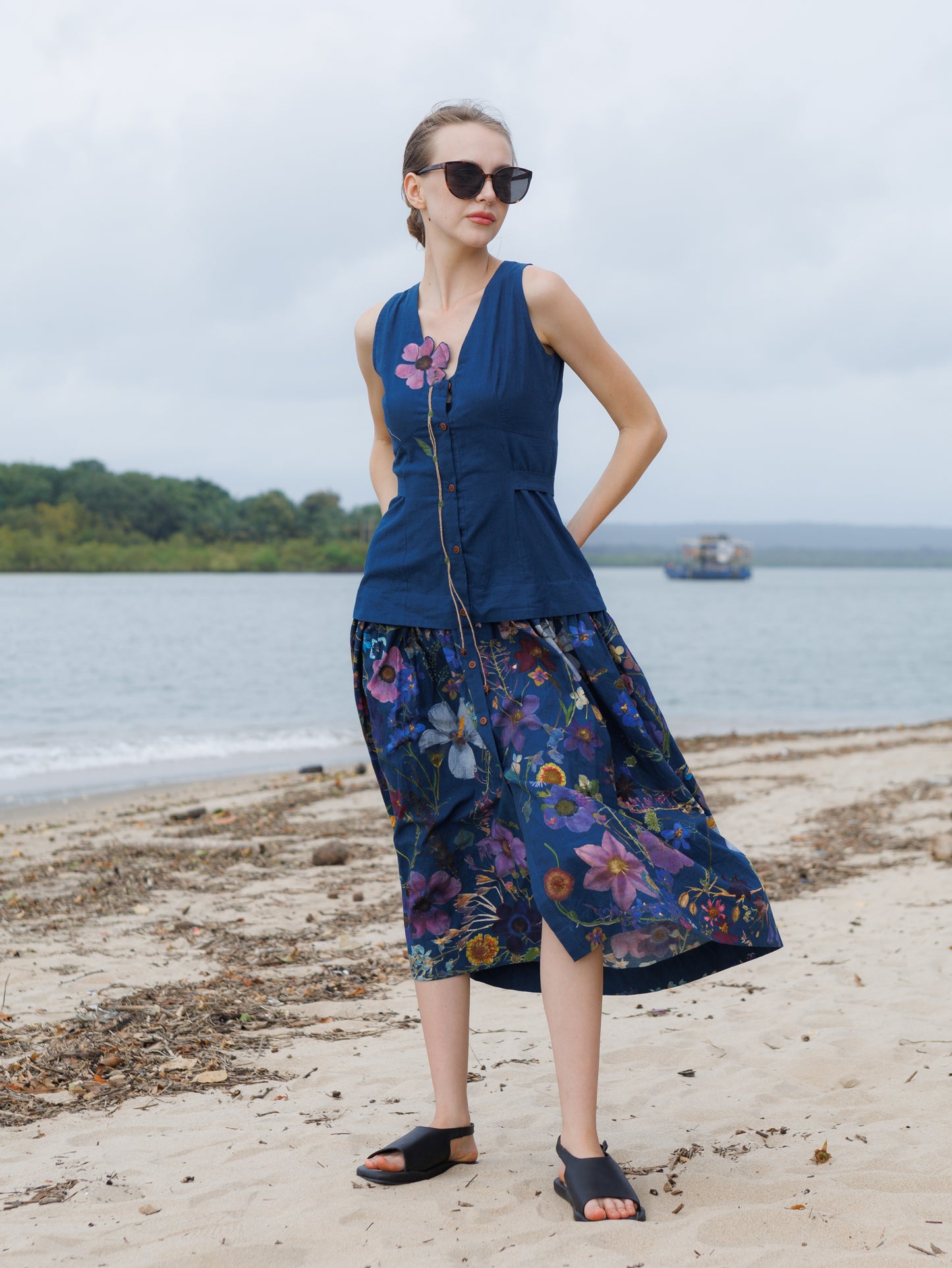 Azure Flower Patch  Midi Dress