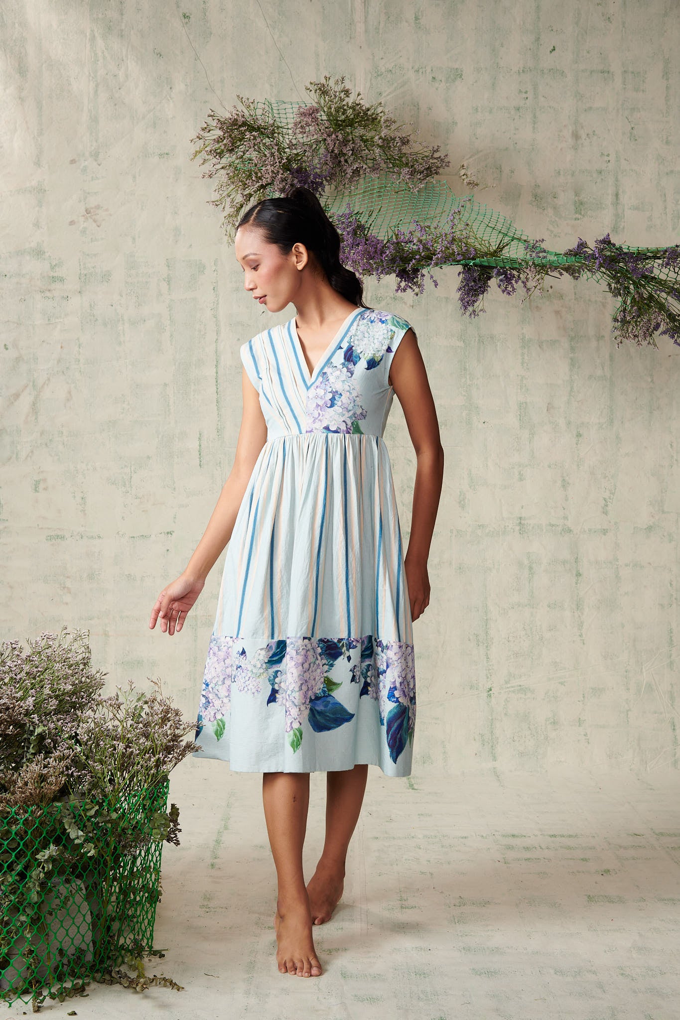 Sky Blue Striped Hydrangea Dress