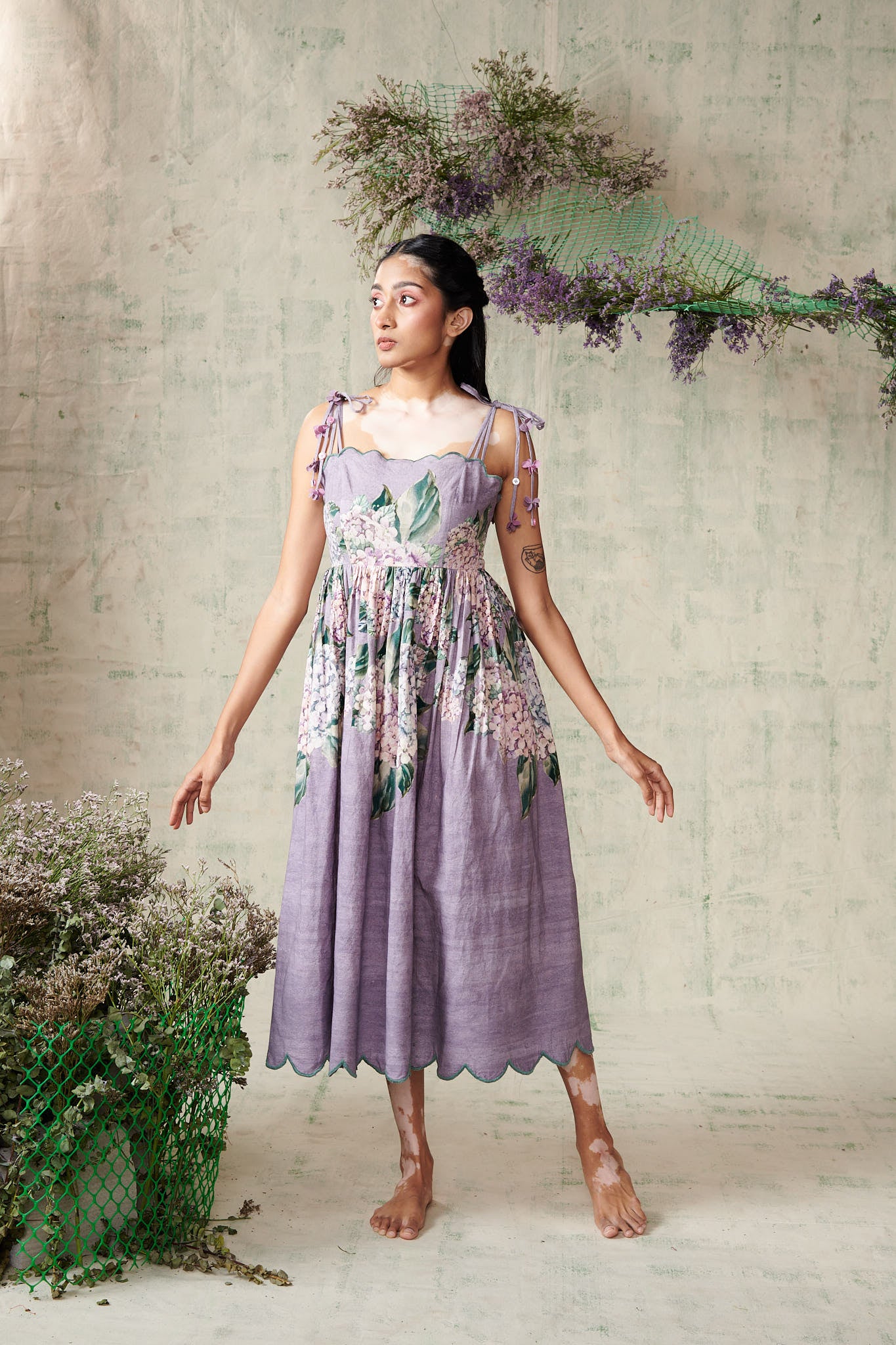 lilac Hydrangea Scallop Strap Dress