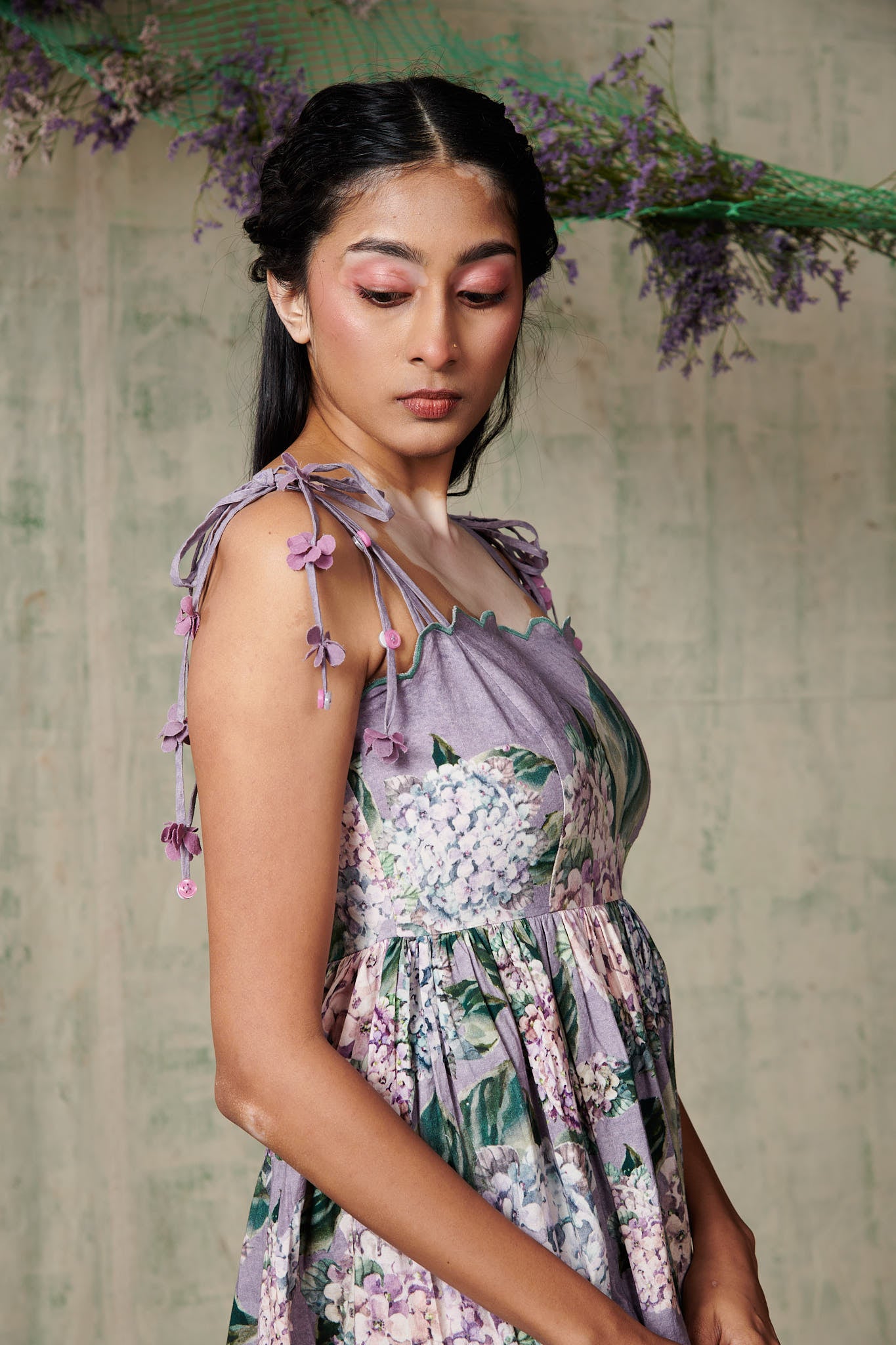 lilac Hydrangea Scallop Strap Dress