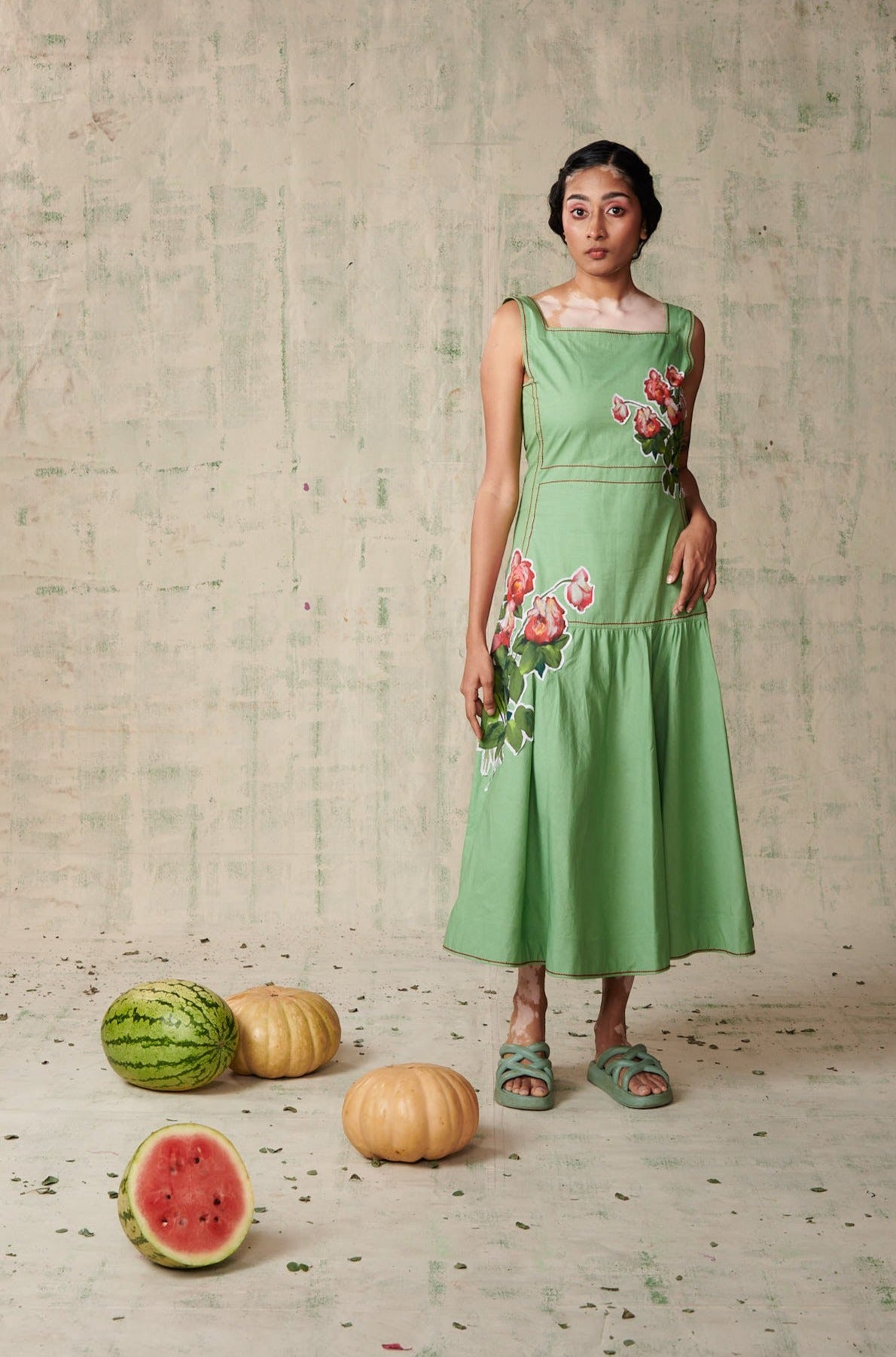 Green Rose Applique Dress