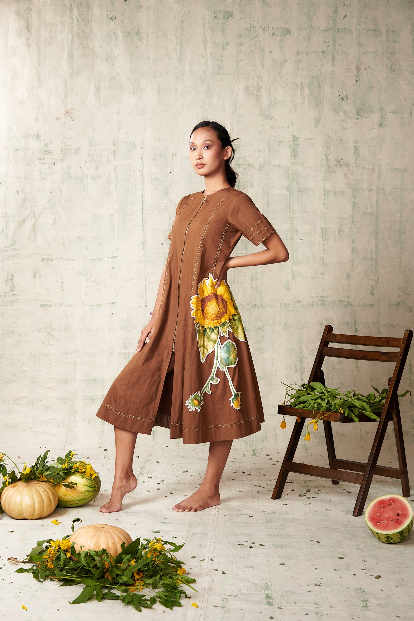 Brown sunflower applique dress