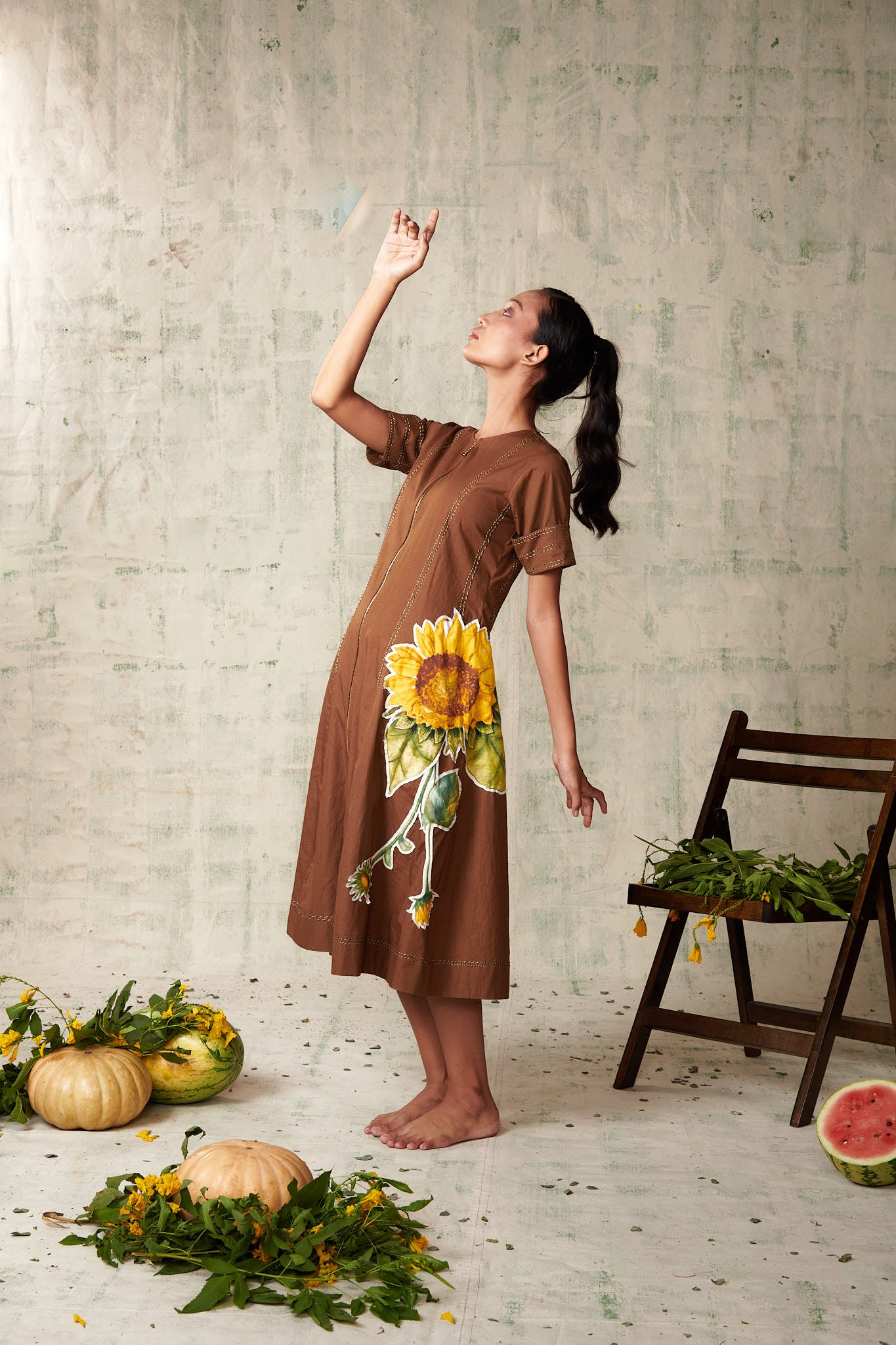 Brown sunflower applique dress