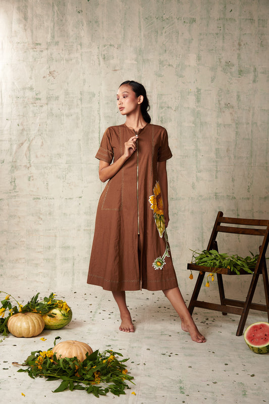 Brown sunflower applique dress