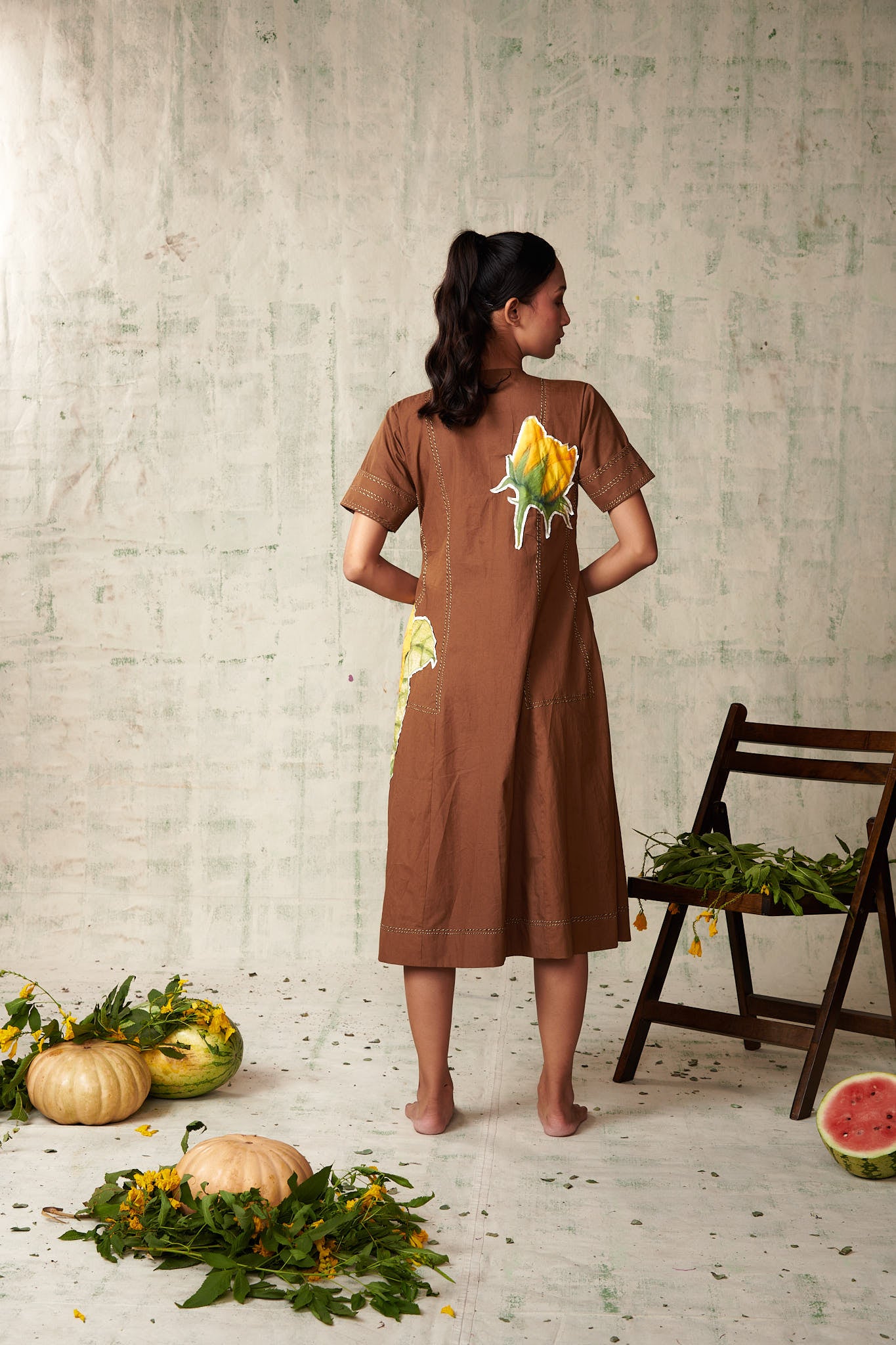 Brown sunflower applique dress