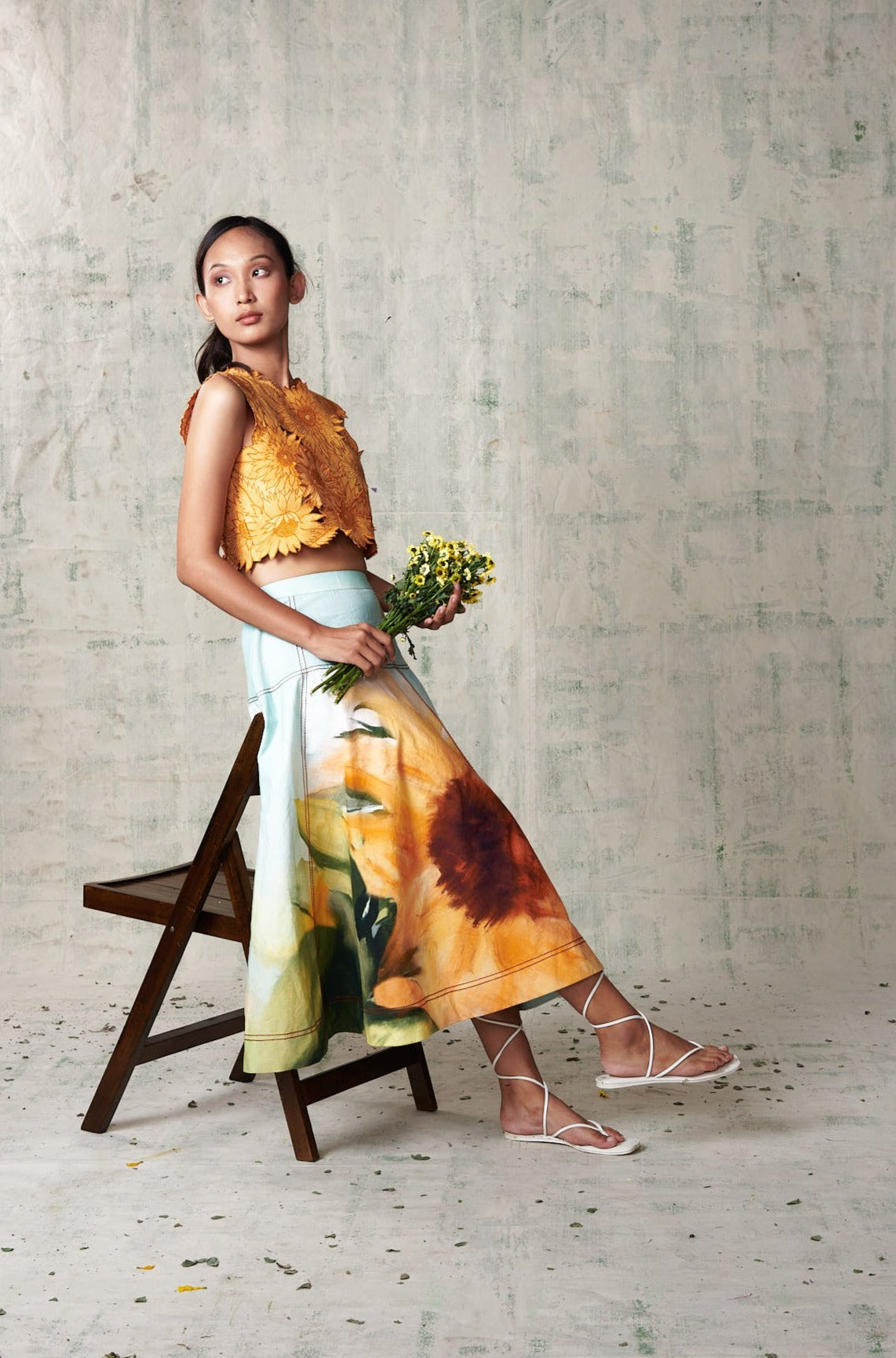 Sunflower Embroidered Top With Printed Skirt