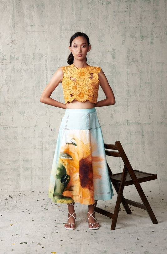 Sunflower Embroidered Top With Printed Skirt