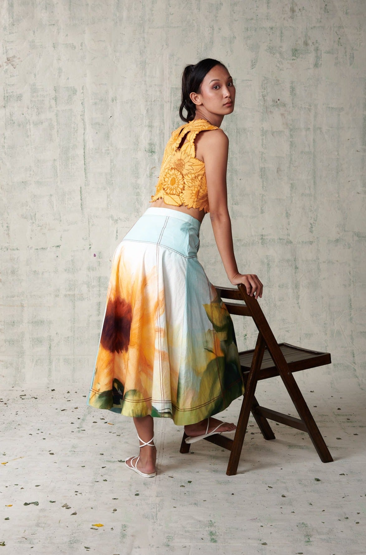 Sunflower Embroidered Top With Printed Skirt