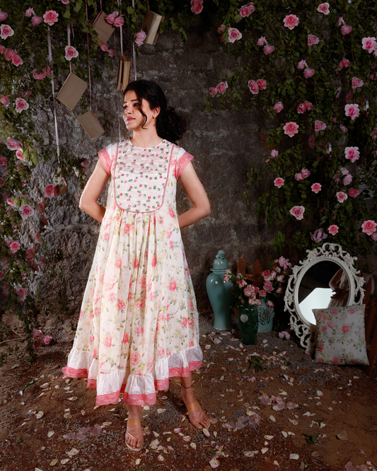 Spring Rose Embroidered Linen Crochet Dress