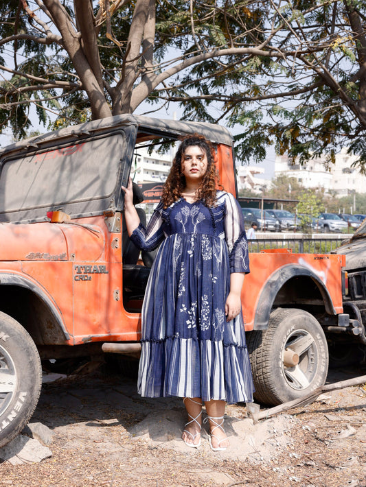 Egyptian Blue Linen Stripes Dry Flower Dress