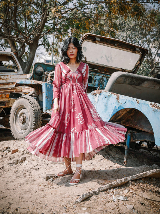 Mauve Linen Stripes Dry Flower Dress